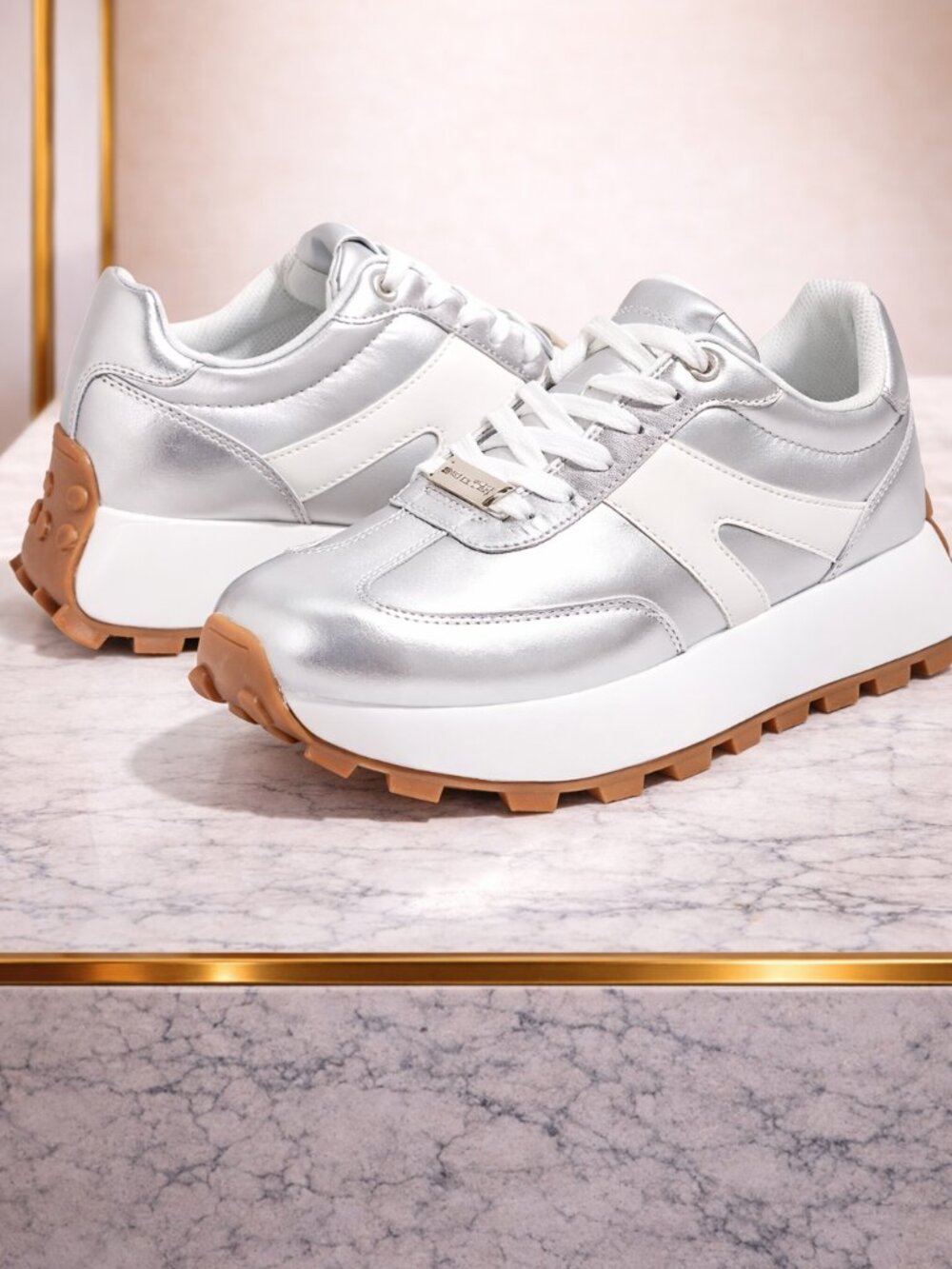 LUCKY STEP Women's Platform Sneakers, SILVER, Size 9